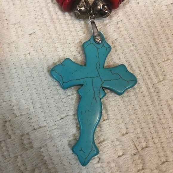 Artisan Art Deco Boho Beaded Turquoise Cross Necklace & Bracelet - Picture 8 of 12